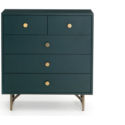 Van 5 Drawer Dresser by Four Hands in juniper green. Made from stainless steel, engineered hardwood in a modern style.