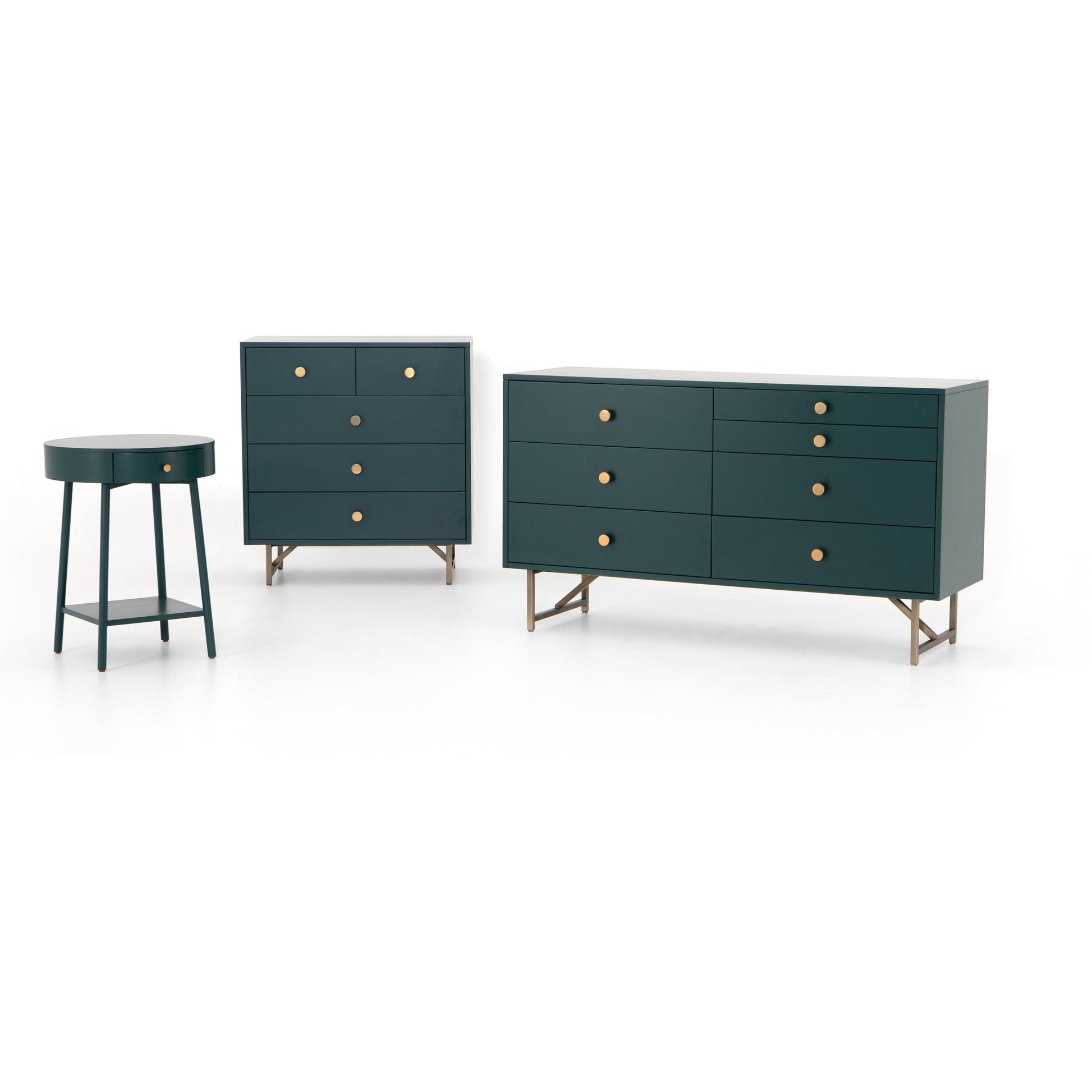Van 5 Drawer Dresser by Four Hands in juniper green. Made from stainless steel, engineered hardwood in a modern style.