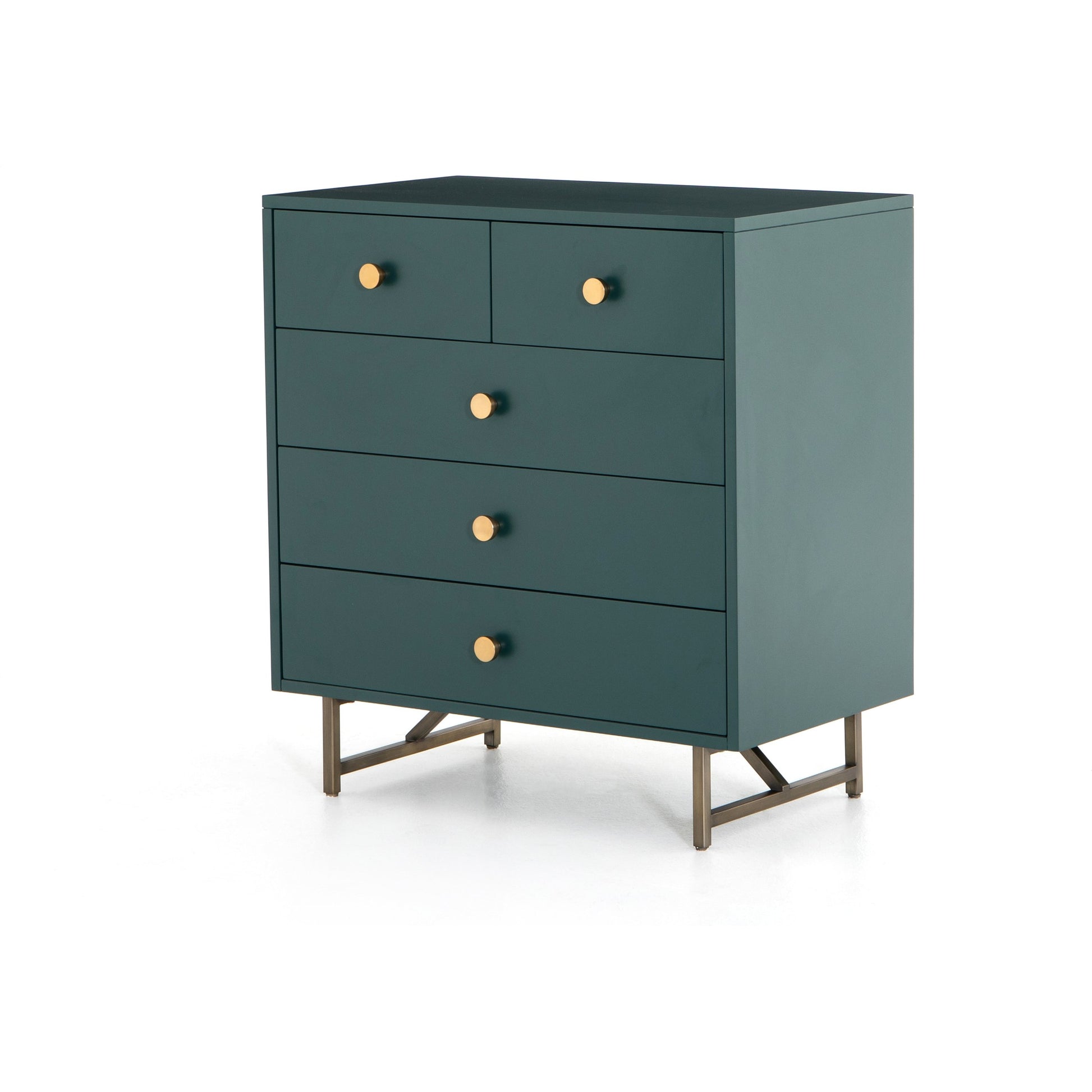 Van 5 Drawer Dresser by Four Hands in juniper green. Made from stainless steel, engineered hardwood in a modern style.