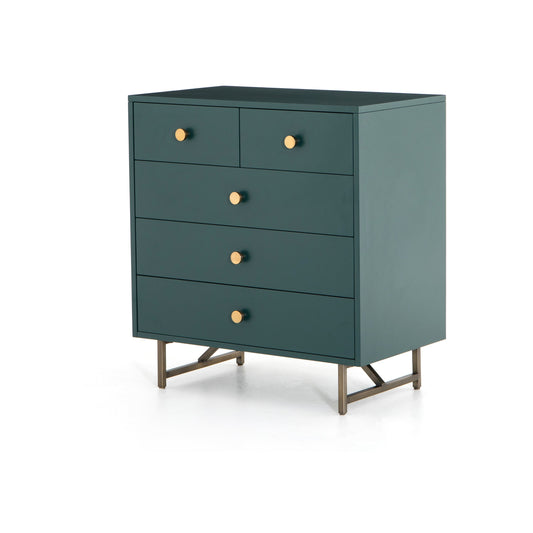 Van 5 Drawer Dresser by Four Hands in juniper green. Made from stainless steel, engineered hardwood in a modern style.