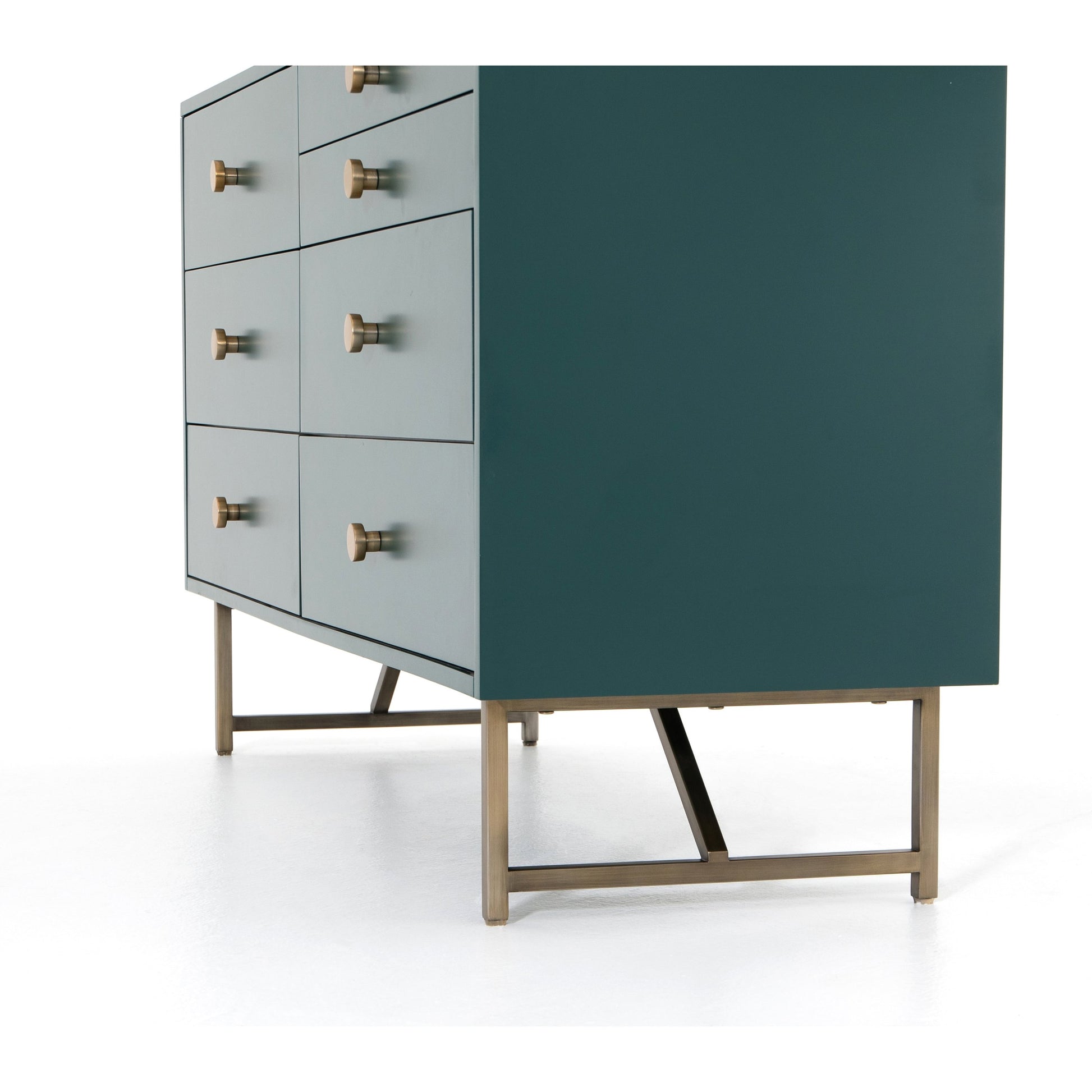 Van 7 Drawer Dresser by Four Hands in aged brass, matte alabaster, golden brass. Made from engineered hardwood, stainless steel, iron in a modern style.