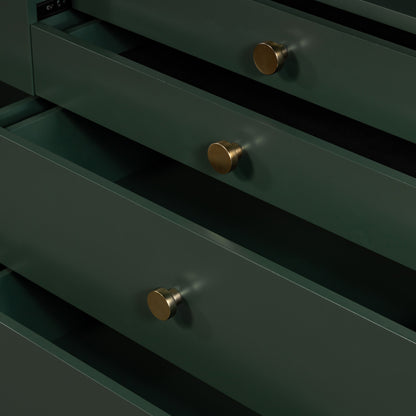 Van 7 Drawer Dresser by Four Hands in aged brass, matte alabaster, golden brass. Made from engineered hardwood, stainless steel, iron in a modern style.