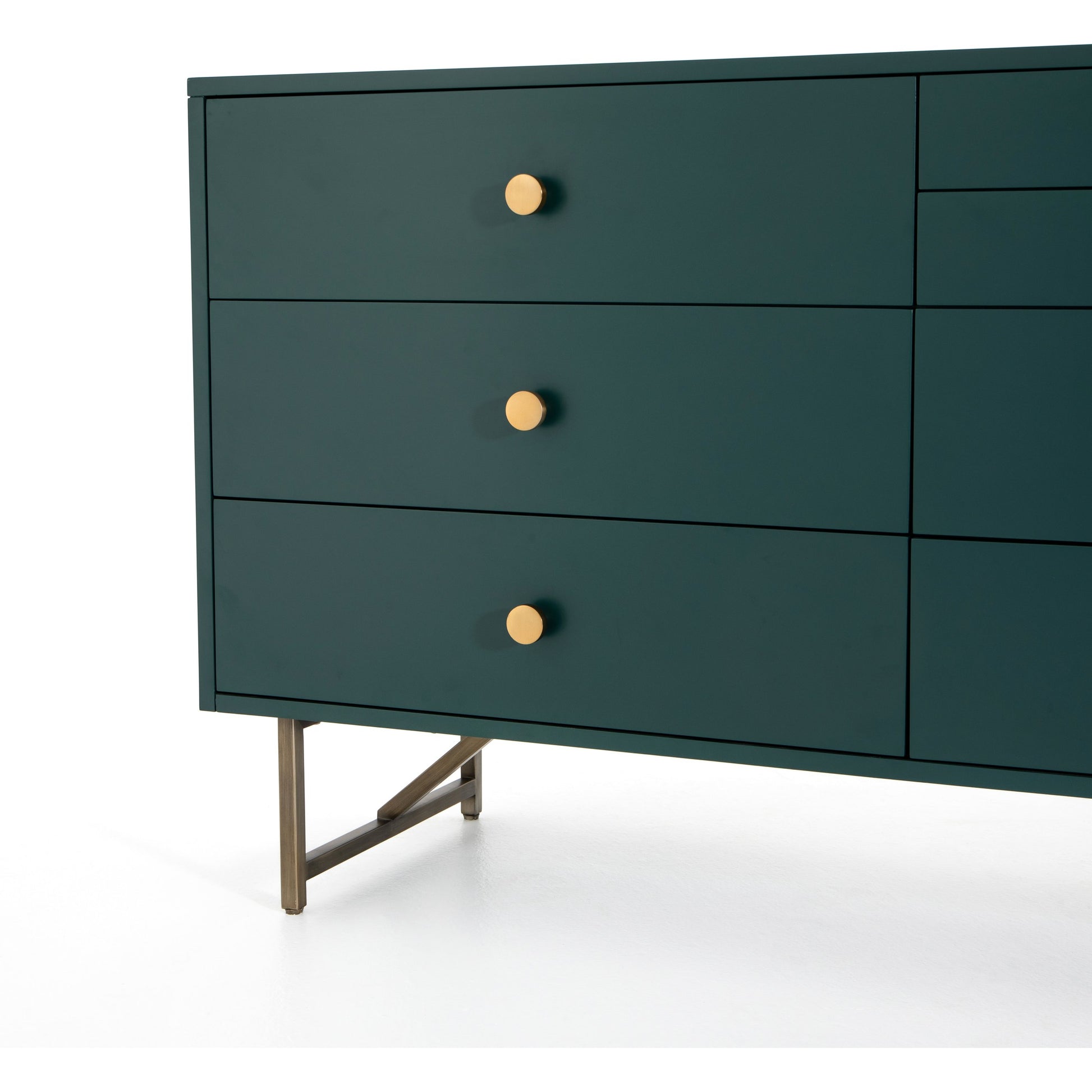 Van 7 Drawer Dresser by Four Hands in aged brass, matte alabaster, golden brass. Made from engineered hardwood, stainless steel, iron in a modern style.