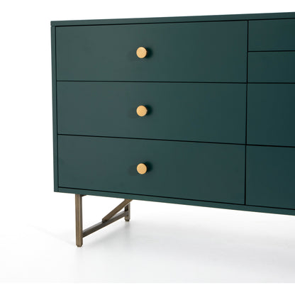 Van 7 Drawer Dresser by Four Hands in aged brass, matte alabaster, golden brass. Made from engineered hardwood, stainless steel, iron in a modern style.