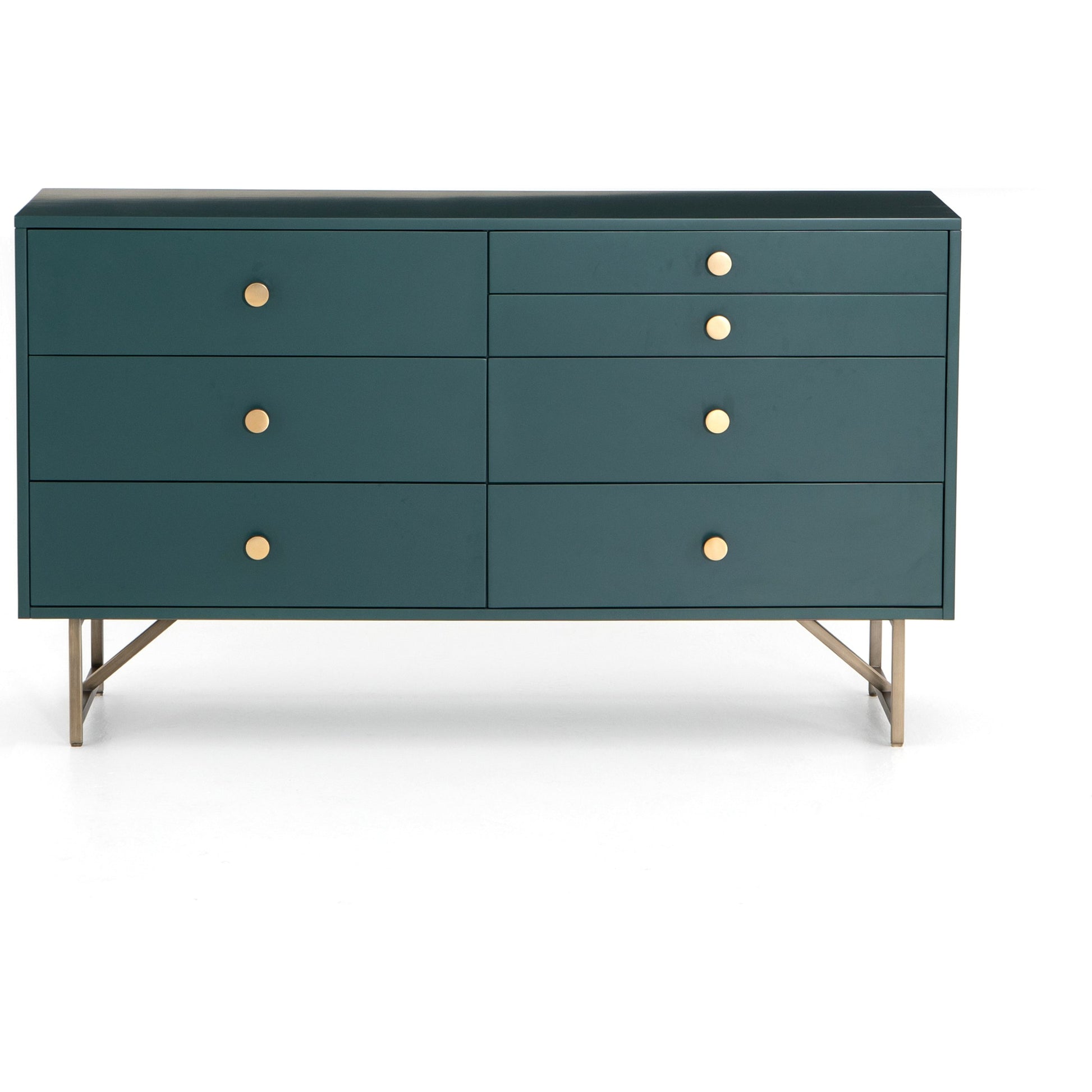 Van 7 Drawer Dresser by Four Hands in aged brass, matte alabaster, golden brass. Made from engineered hardwood, stainless steel, iron in a modern style.