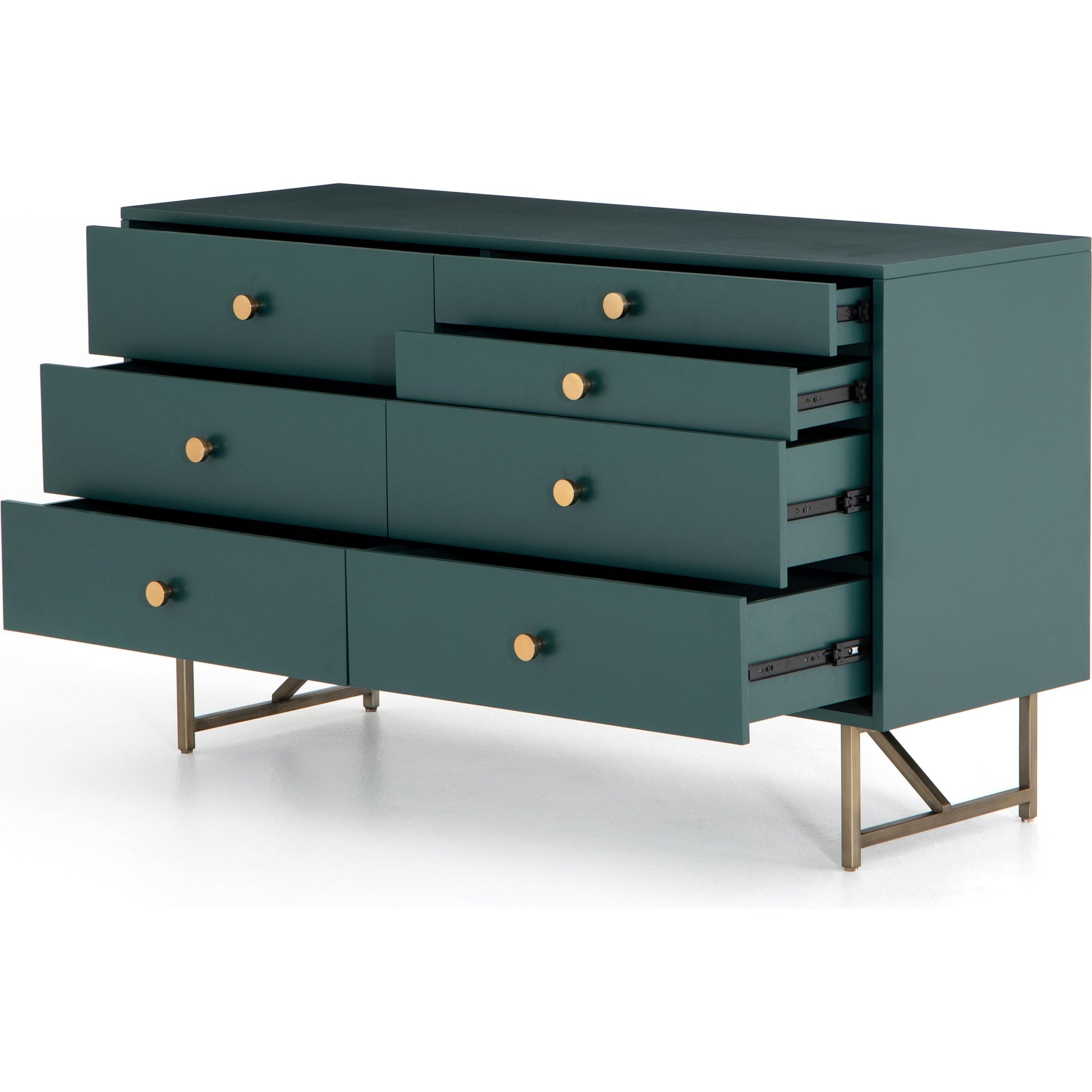 Van 7 Drawer Dresser by Four Hands in aged brass, matte alabaster, golden brass. Made from engineered hardwood, stainless steel, iron in a modern style.