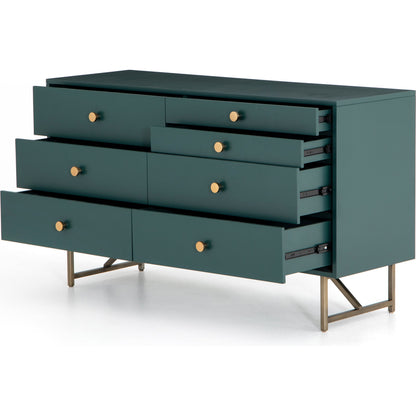 Van 7 Drawer Dresser by Four Hands in aged brass, matte alabaster, golden brass. Made from engineered hardwood, stainless steel, iron in a modern style.