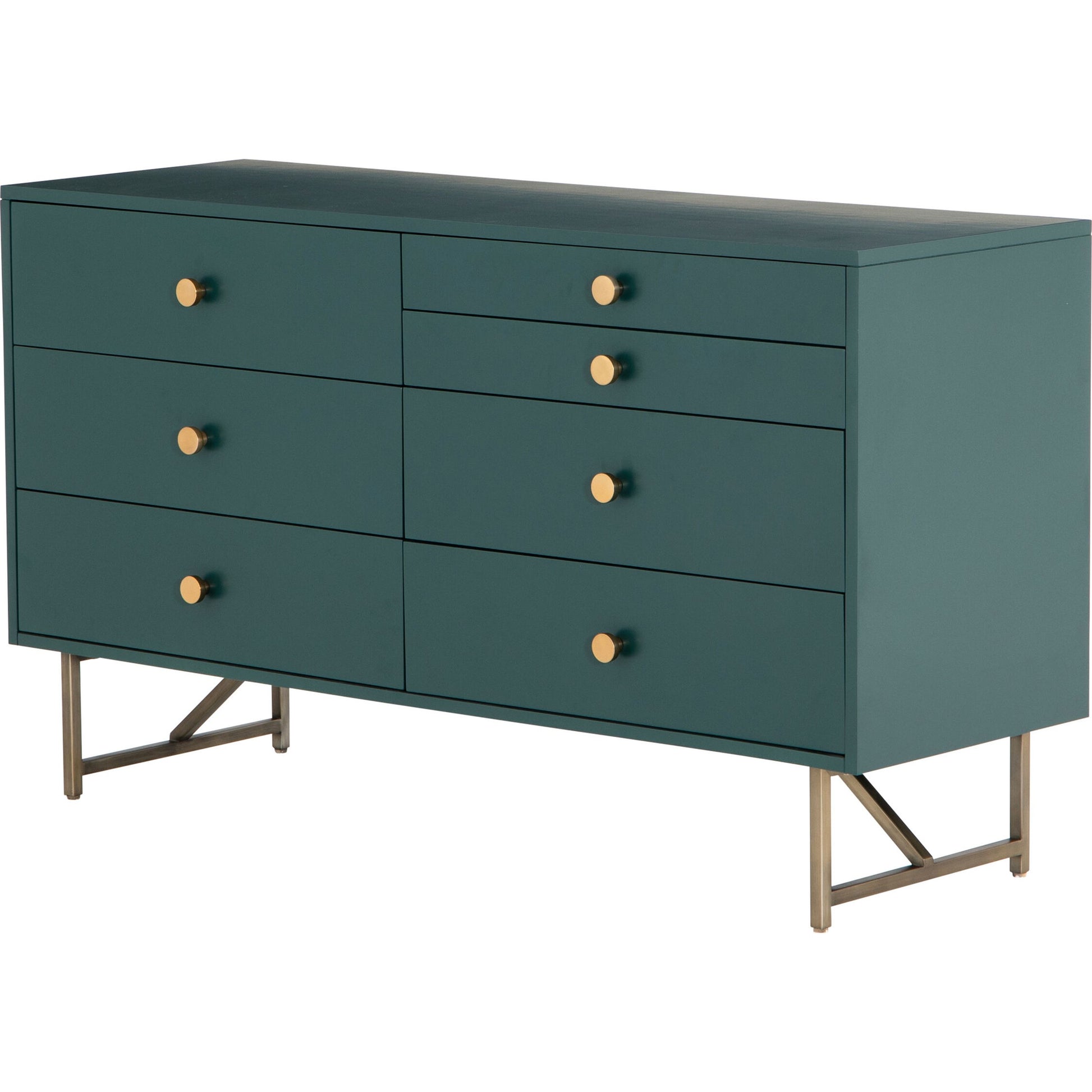 Van 7 Drawer Dresser by Four Hands in aged brass, matte alabaster, golden brass. Made from engineered hardwood, stainless steel, iron in a modern style.