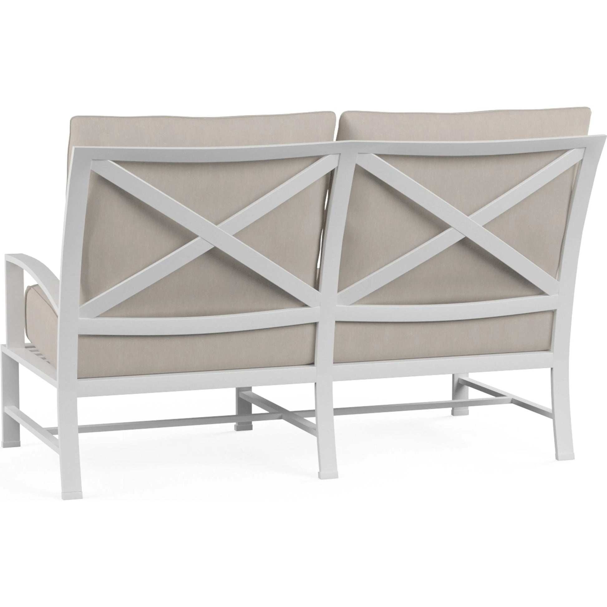 Bristol Outdoor Loveseat in Canvas Flax w/ Self Welt by Sunset West in white. Made from aluminum in a modern style.