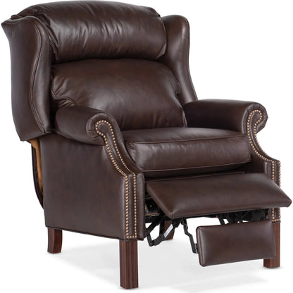 Chippendale Reclining Wing Chair by Bradington-Young by Hooker Furniture in mahogany finish, french natural nails. Made from 100% leather in a unique style.