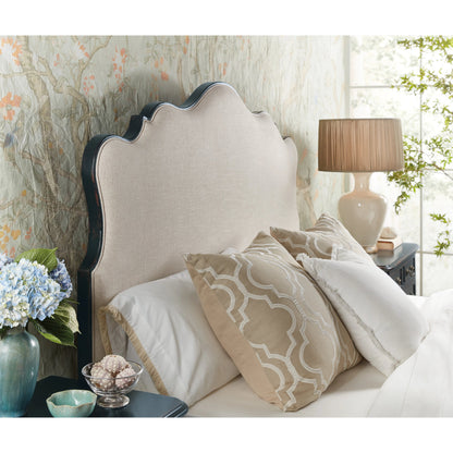Charleston Upholstered Bed by Hooker Furniture in chateau linen and black cherry. Made from cherry veneers, fabric in a transitional style.