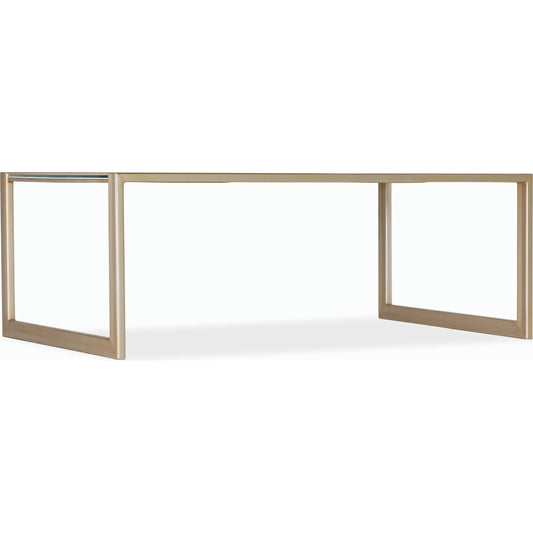 Blossoming Hope Cocktail Table by Hooker Furniture in gold. Made from tempered ultra white glass with handpainting and metal in a modern style.