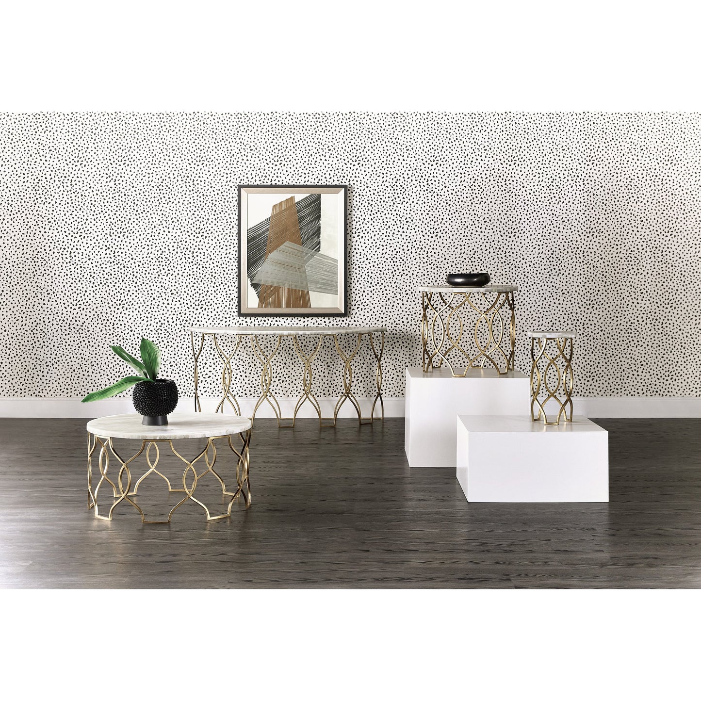 004 SI-1873145 | Lifestyle | Melange Corrina Sofa Table by Hooker Furniture in gold. Made from white onyx parquet with carbon steel metal in a modern style.