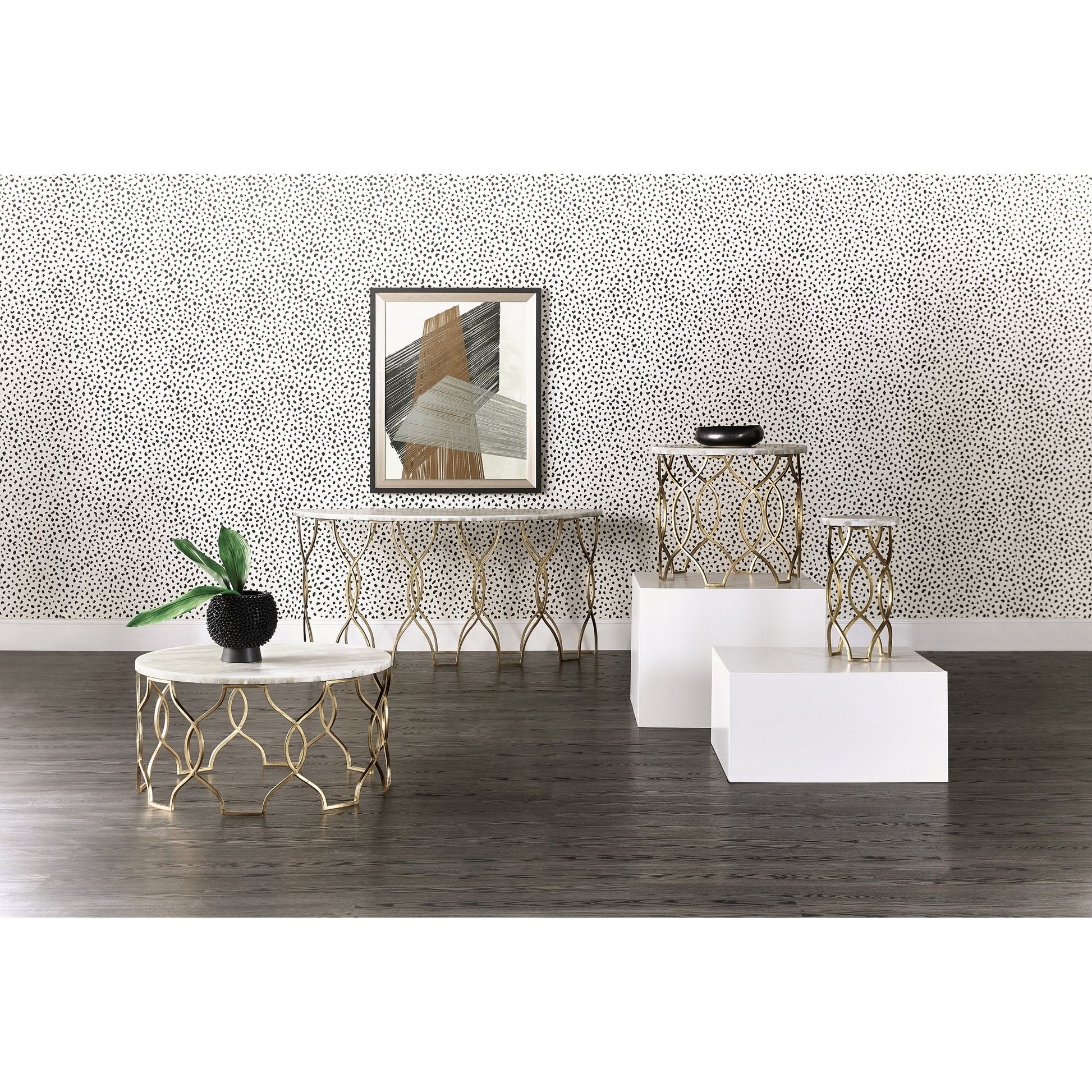 Melange Corrina Sofa Table by Hooker Furniture in gold. Made from white onyx parquet with carbon steel metal in a modern style.