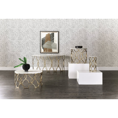 Melange Corrina Sofa Table by Hooker Furniture in gold. Made from white onyx parquet with carbon steel metal in a modern style.