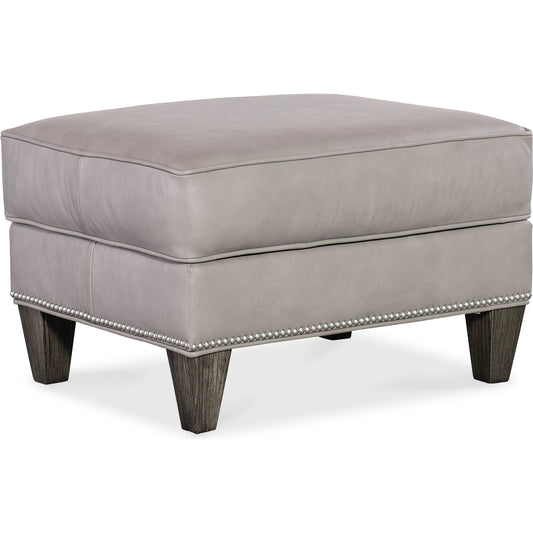 Christopher Ottoman by Bradington-Young by Hooker Furniture in stone. Made from leather in a unique style.