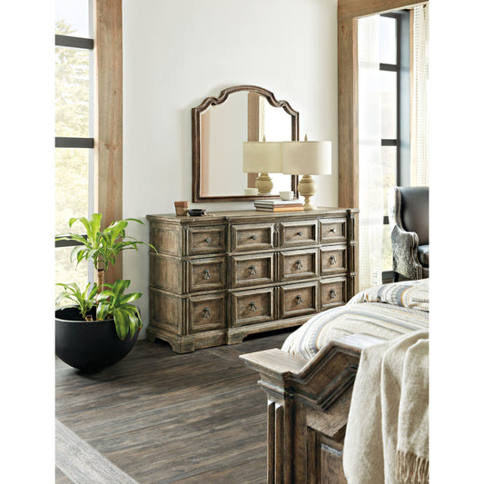 La Grange Rolling Hill Nine-Drawer Dresser by Hooker Furniture in wash off oak. Made from oak veneer, cedar, felt panel, jewelry tray, solid-wood edge top in a unique style.