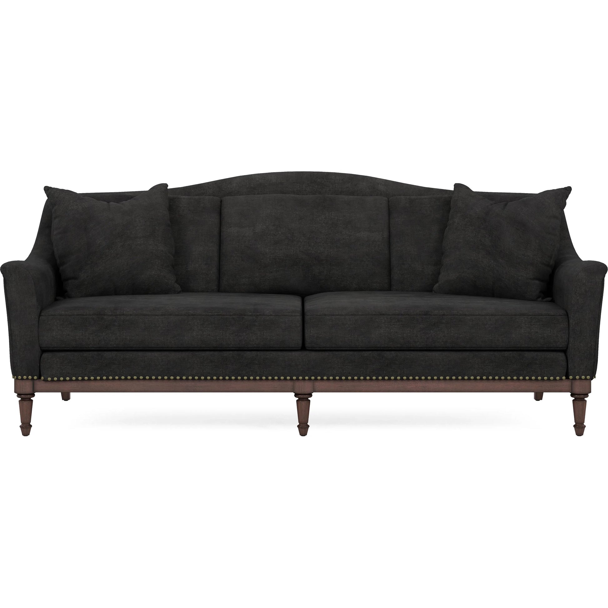 Magritte Sofa by A.R.T. Furniture in charcoal and napa mahogany. Made from rubberwood solids, foam, fabric, metal in a traditional style.