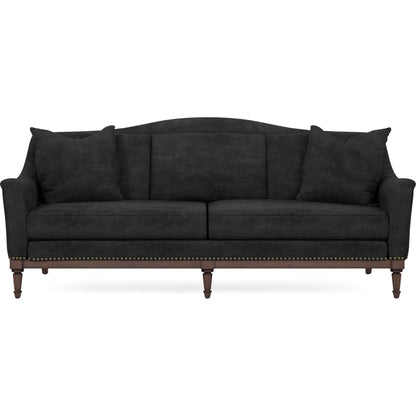 Magritte Sofa by A.R.T. Furniture in charcoal and napa mahogany. Made from rubberwood solids, foam, fabric, metal in a traditional style.