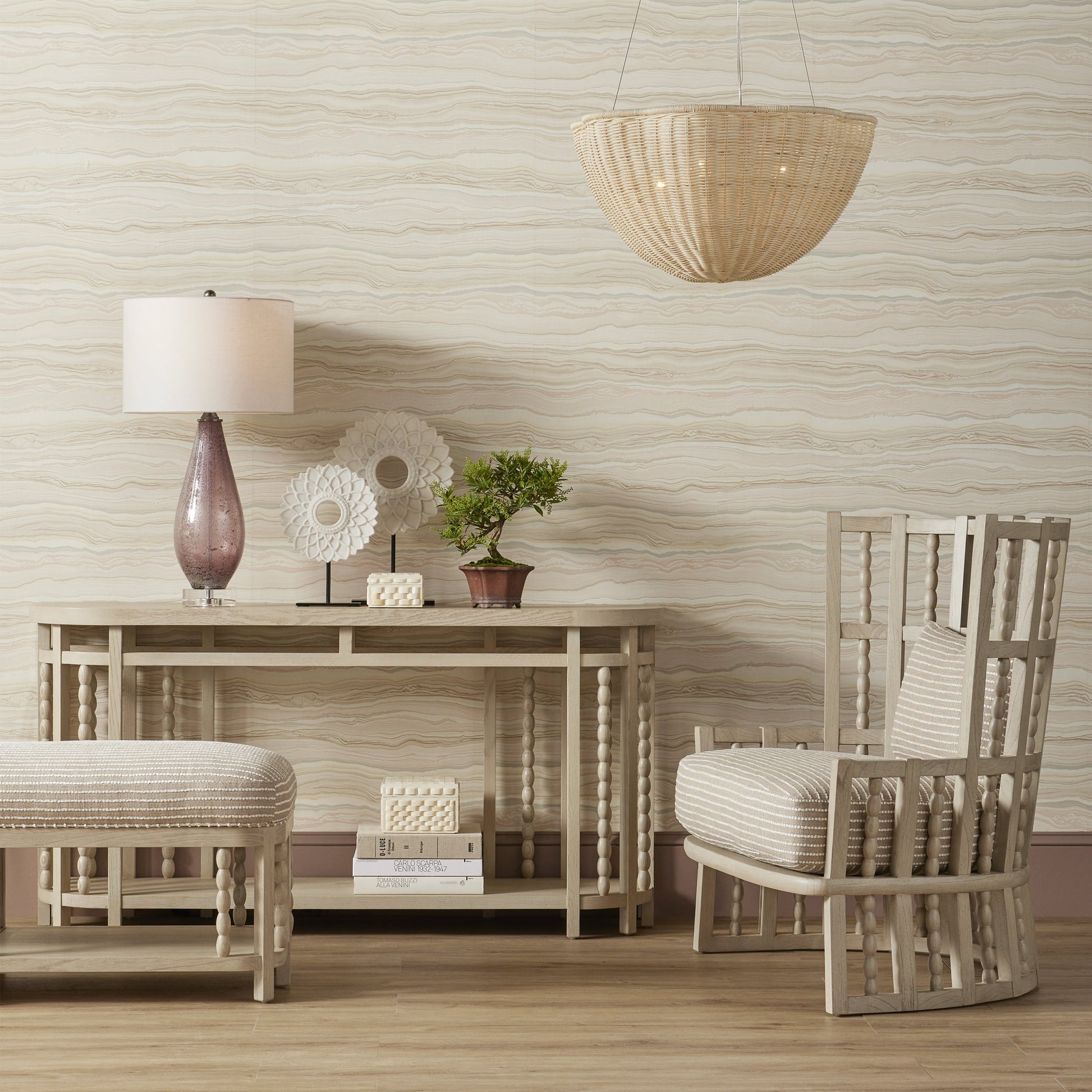 Telos Pendant by Currey and Company in bleached natural, vanilla. Made from rattan, wrought iron in a coastal style.