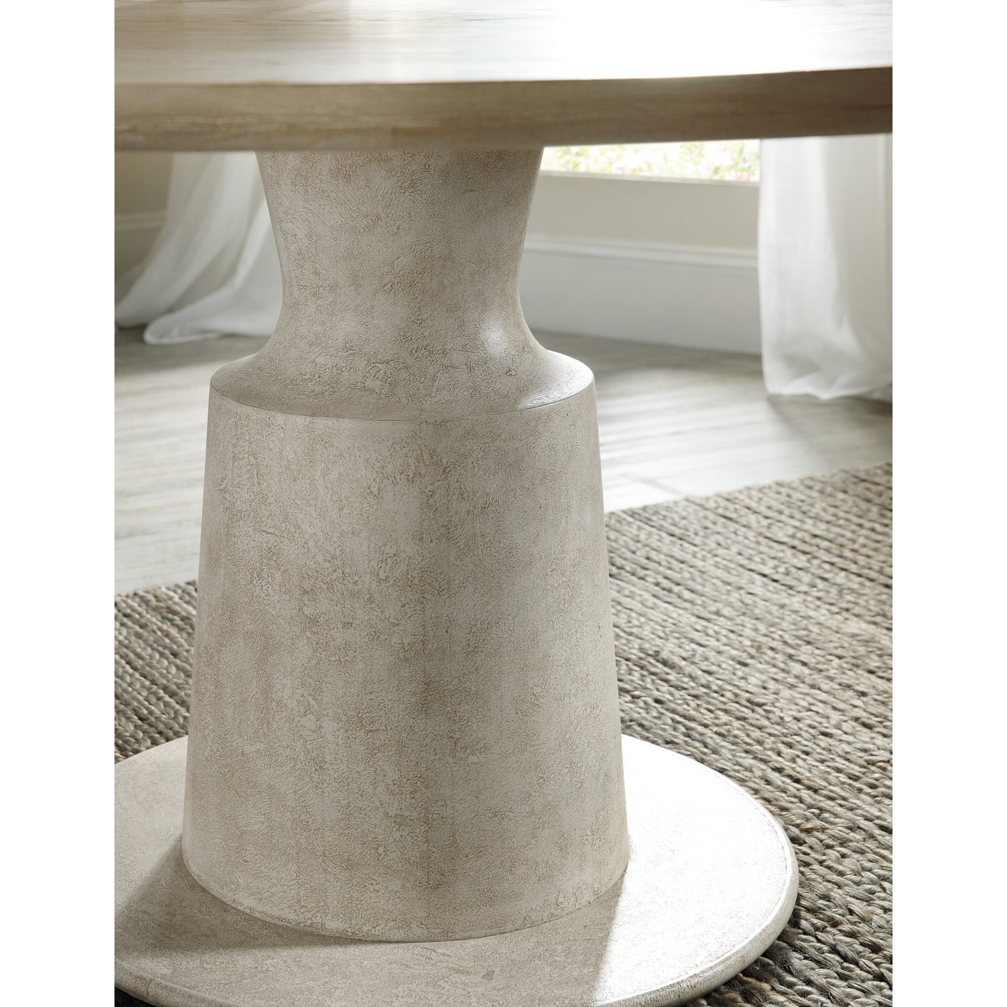 002 SI-1748547 | Closeup | Cascade Pedestal Dining Table by Hooker Furniture in terrain. Made from oak veneers, resin in a cottage & farmhouse style.