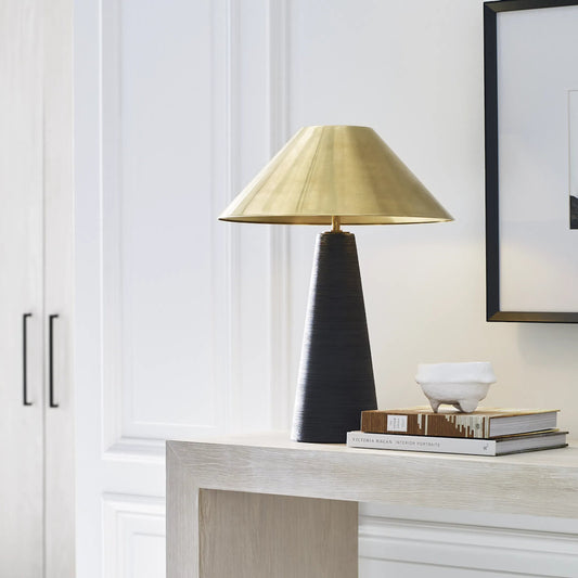 Karam Medium Table Lamp by Visual Comfort & Co. in natural brass. Made from ceramic in a unique style.