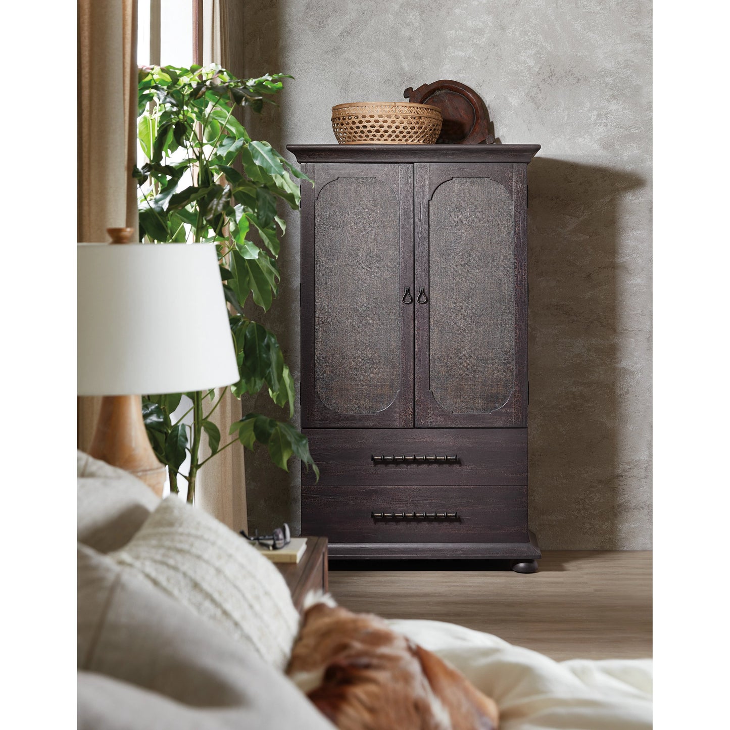 002 SI-1959528 | Lifestyle | Big Sky Small Wardrobe by Hooker Furniture in charred timber. Made from pecky hickory veneers, burlap in a traditional style.