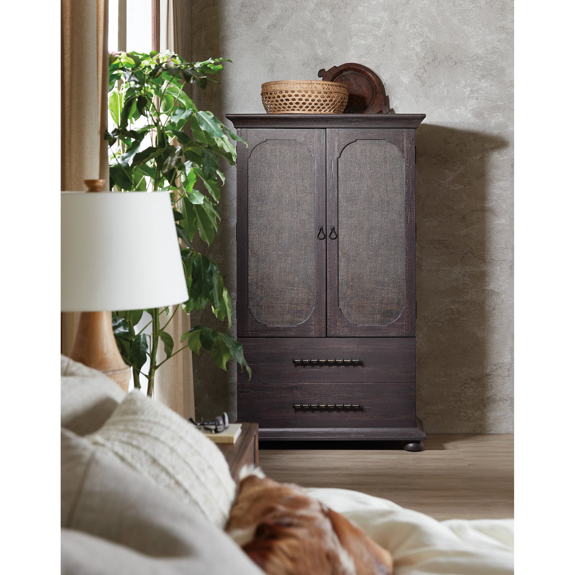 Big Sky Small Wardrobe by Hooker Furniture in charred timber. Made from pecky hickory veneers, burlap in a traditional style.