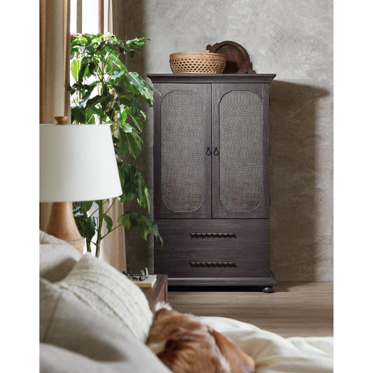 Big Sky Small Wardrobe by Hooker Furniture in charred timber. Made from pecky hickory veneers, burlap in a traditional style.