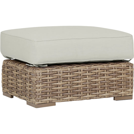Havana Outdoor Ottoman in Canvas Flax by Sunset West in medium wood. Made from resin wicker in a modern style.