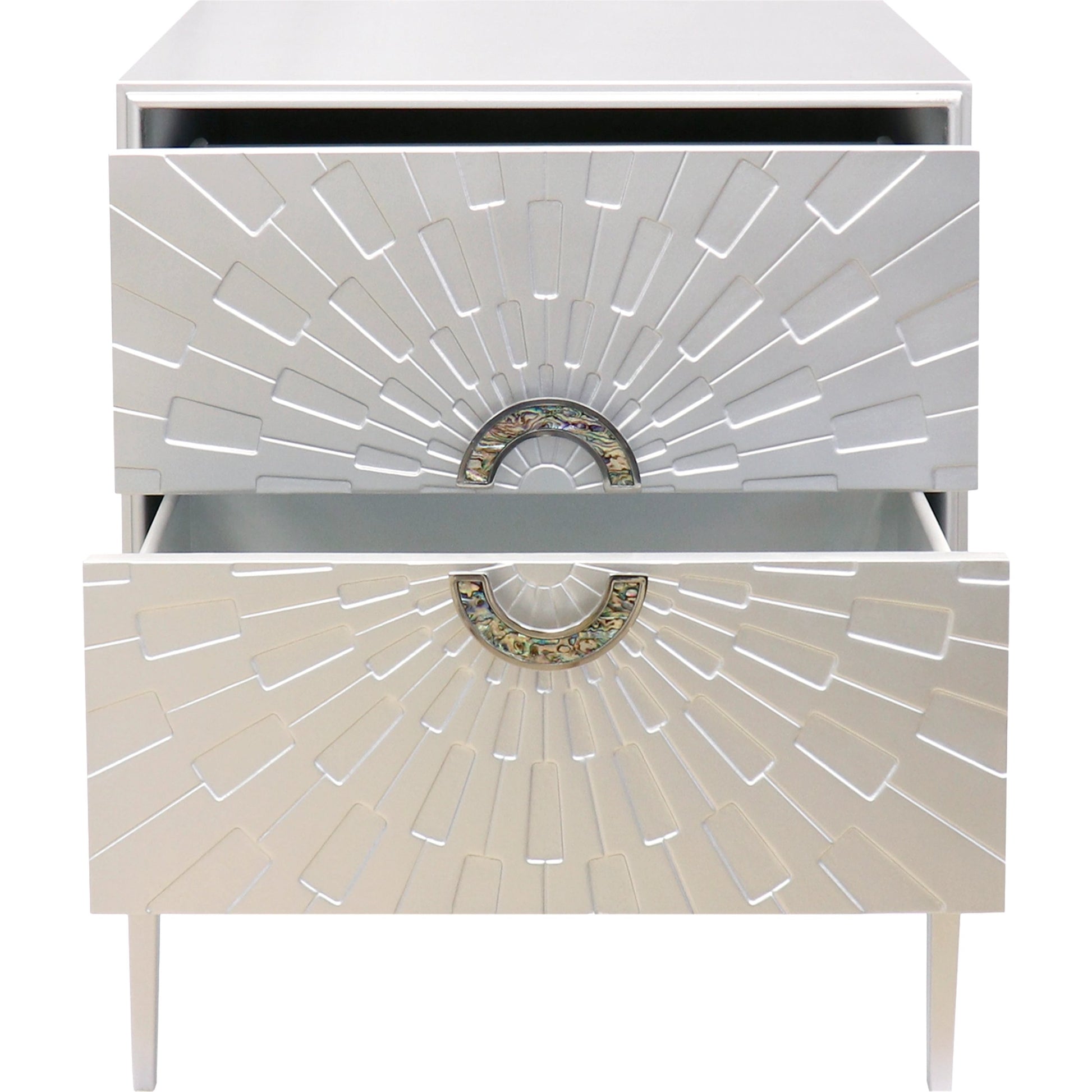 Luna Nightstand by Pasargad Home in silver. Made from wood, metal in a modern style.