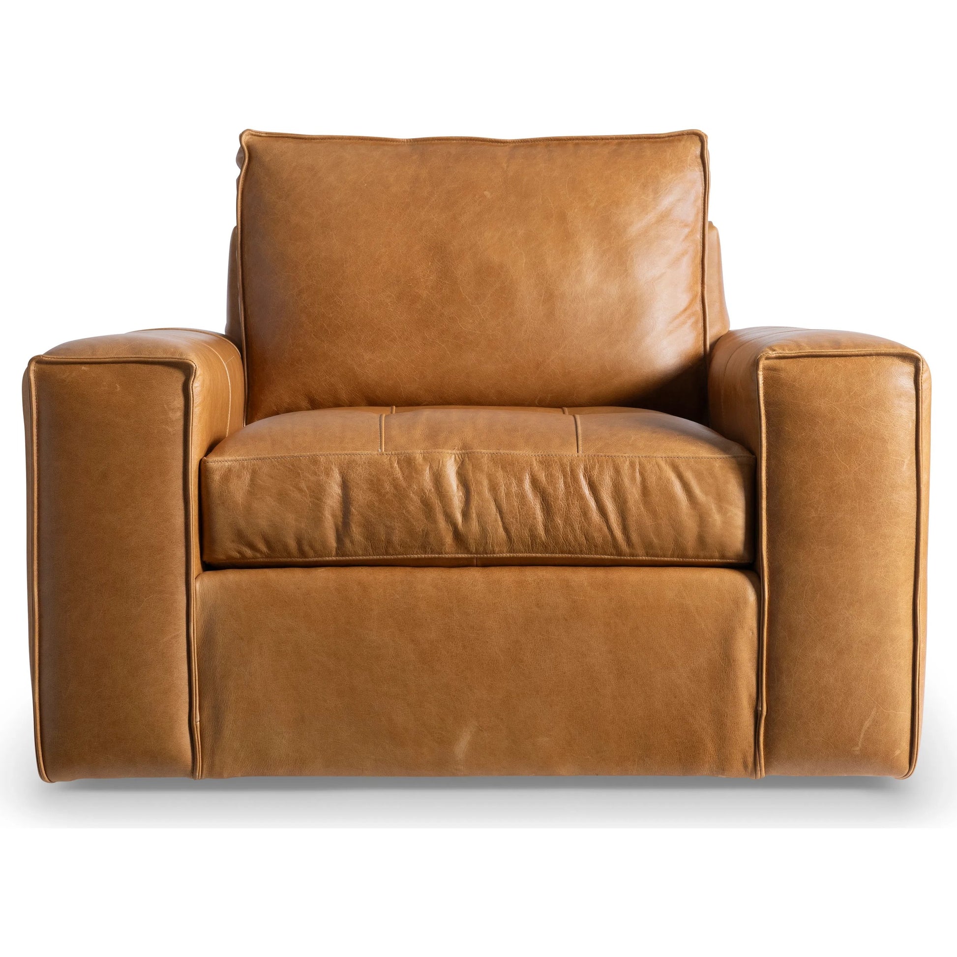 Nest Leather Swivel Chair by Bernhardt in tan. Made from leather, polyfoam core, polyester fibers, waterfowl feathers, waterfowl down in a traditional style.
