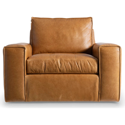 Nest Leather Swivel Chair by Bernhardt in tan. Made from leather, polyfoam core, polyester fibers, waterfowl feathers, waterfowl down in a traditional style.