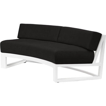 Newport Outdoor Curved Sofa by Sunset West in whites/creams/beiges. Made from aluminum in a modern style.