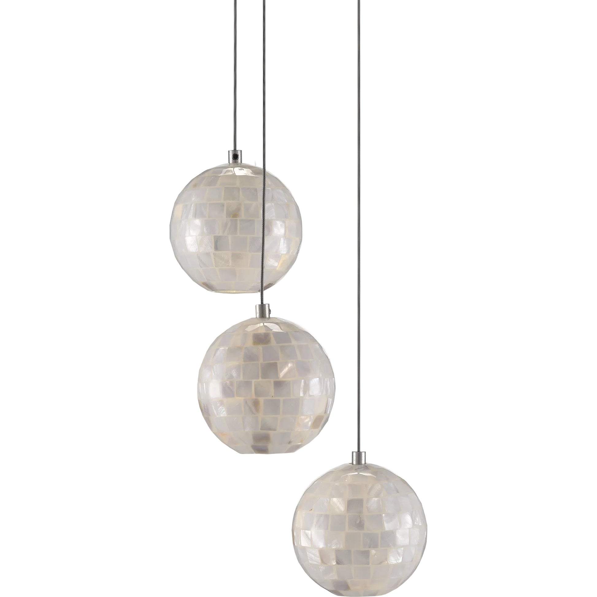 Finhorn 3-Light Round Multi-Drop Pendant by Currey and Company in painted silver, pearl. Made from metal, mother of pearl in a modern style.
