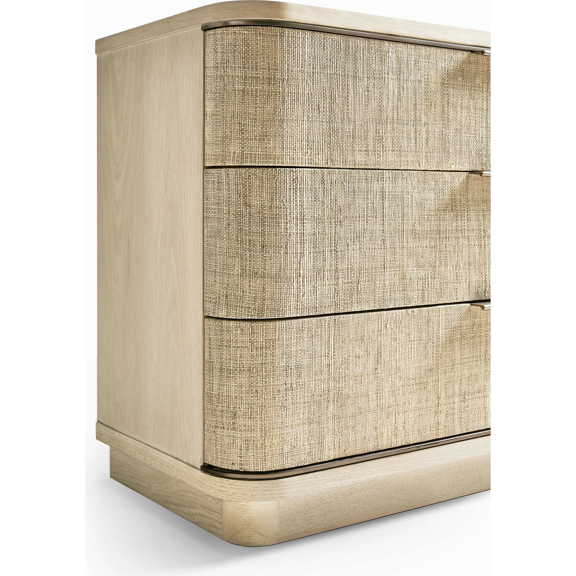 Water Seiche Large Grasscloth Nightstand by Jonathan Charles in whitewash oak. Made from oak, grass cloth, brass in a transitional style.