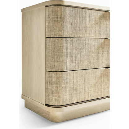 Water Seiche Large Grasscloth Nightstand by Jonathan Charles in whitewash oak. Made from oak, grass cloth, brass in a transitional style.