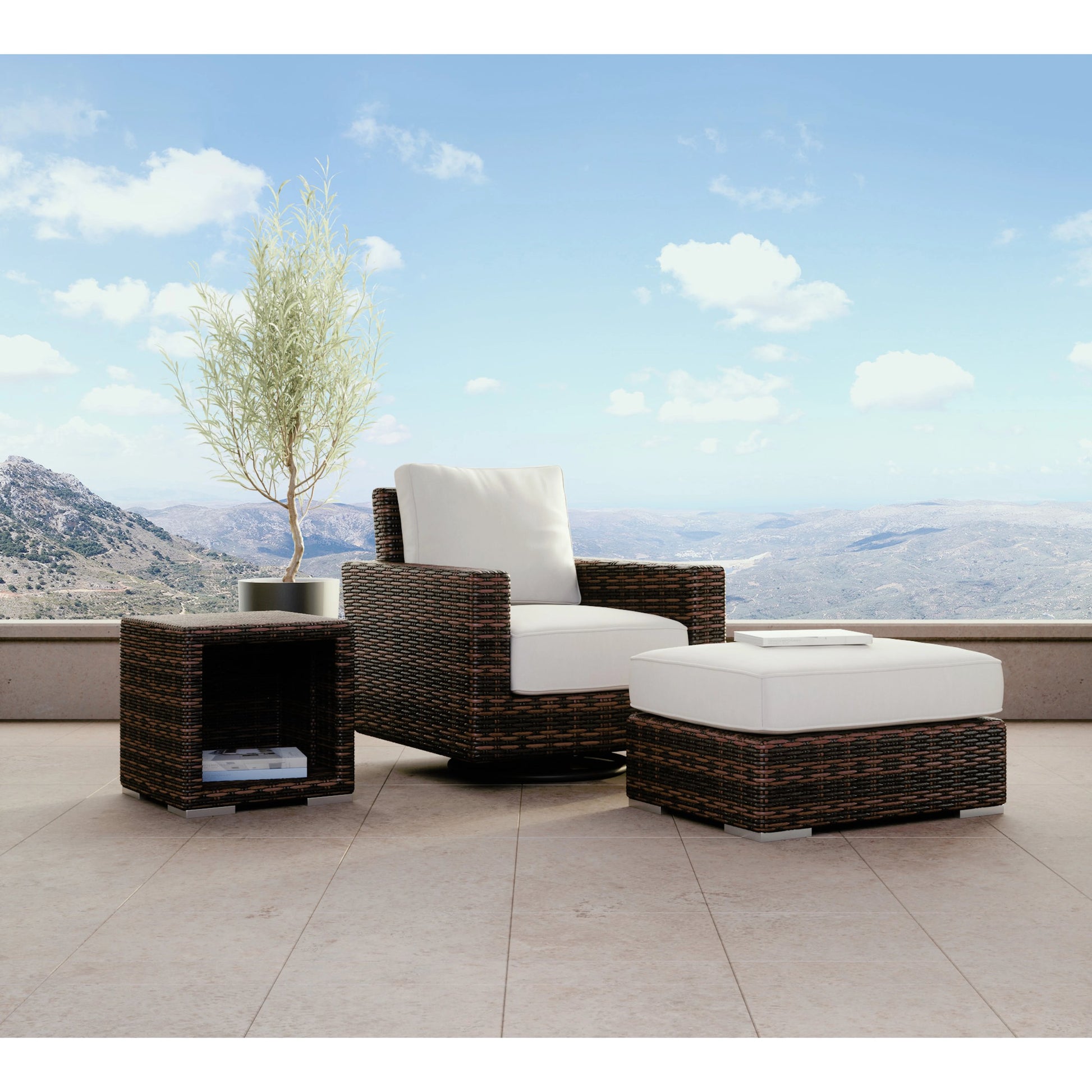 Montecito Outdoor End Table by Sunset West in cognac. Made from resin wicker in a modern style.