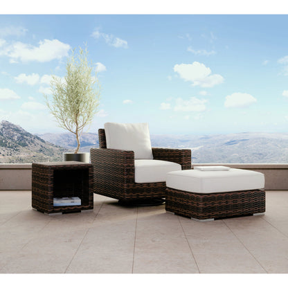 Montecito Outdoor End Table by Sunset West in cognac. Made from resin wicker in a modern style.