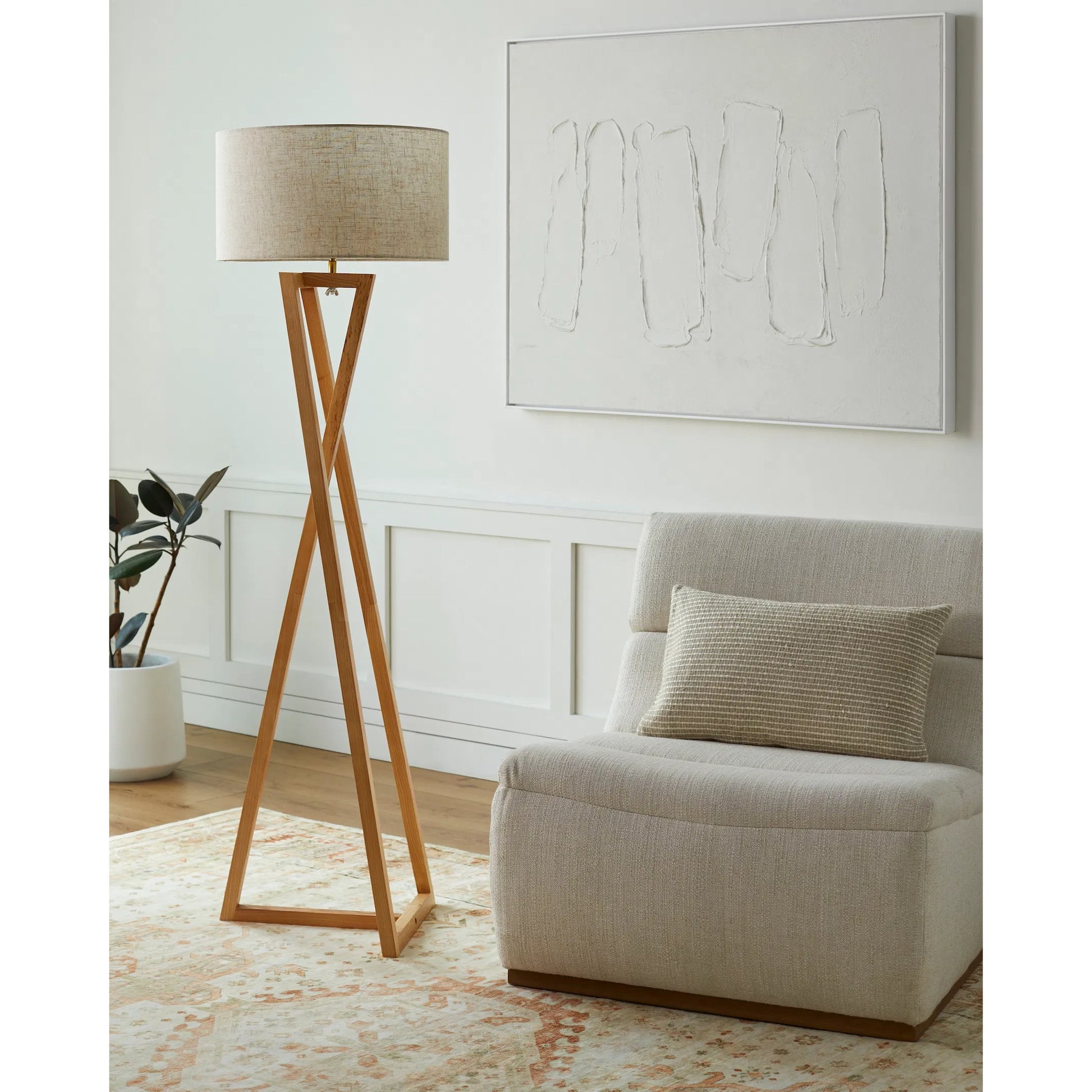 Verdantia Floor Lamp by Surya in body: wood, cord: black. Made from body: wood, shade (outside): linen in a modern style.