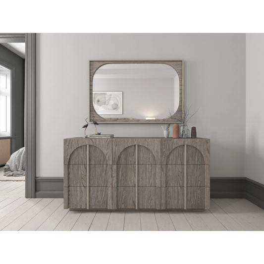 Vault Landscape Mirror by A.R.T. Furniture in gray and mink. Made from parawood solids, white oak veneers, glass in a modern style.