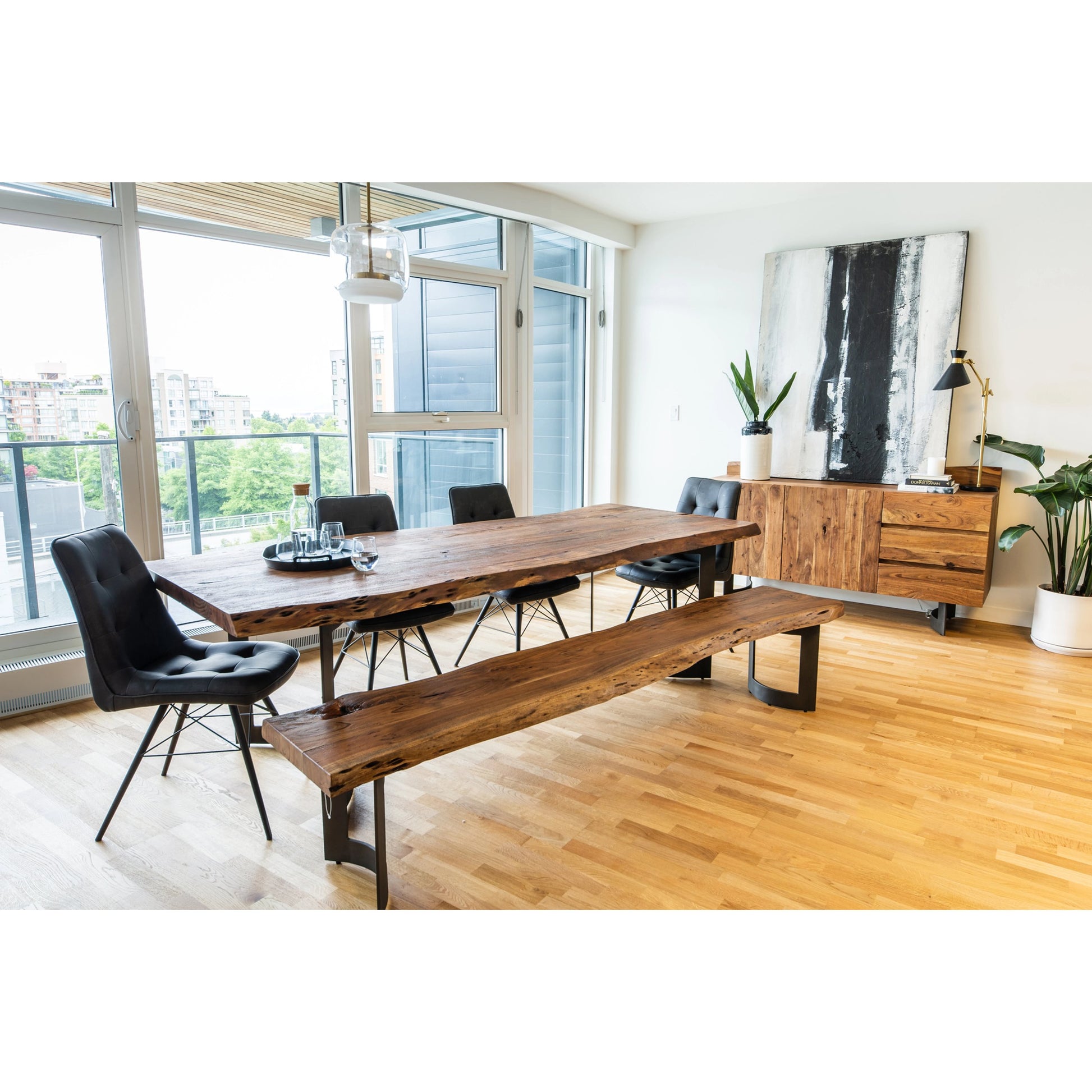 Bent Dining Table by Moe's Home Collection in brown. Made from solid acacia, iron base in a modern style.