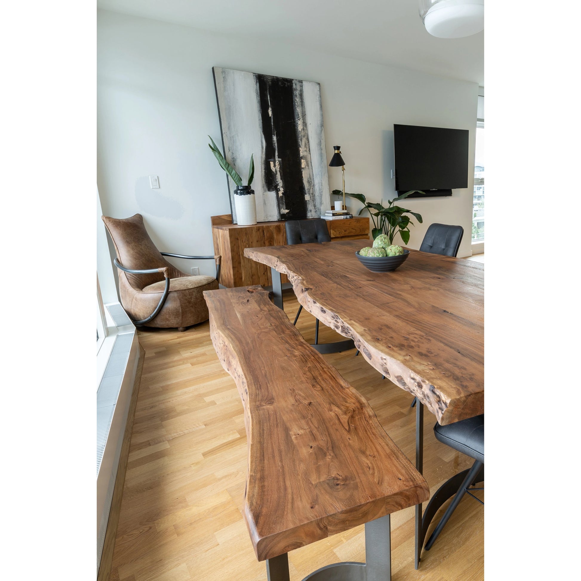 Bent Dining Table by Moe's Home Collection in brown. Made from solid acacia, iron base in a modern style.