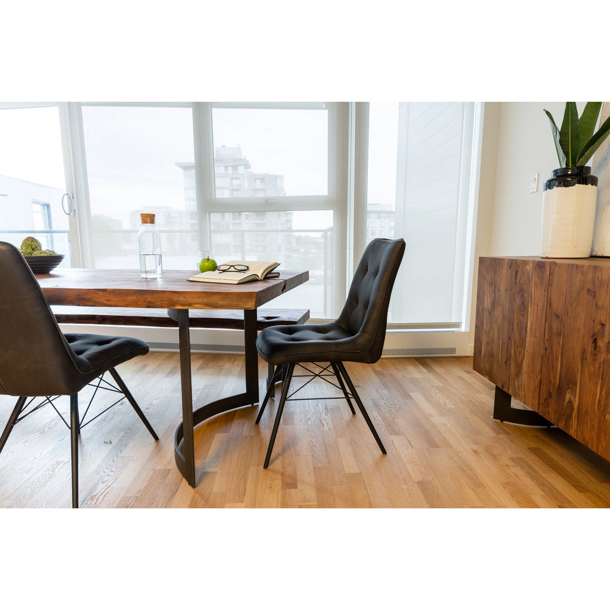 Bent Dining Table by Moe's Home Collection in brown. Made from solid acacia, iron base in a modern style.