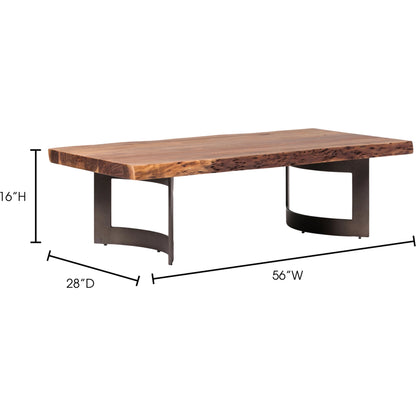 Bent Coffee Table by Moe's Home Collection in brown. Made from solid acacia, iron legs in a modern style.