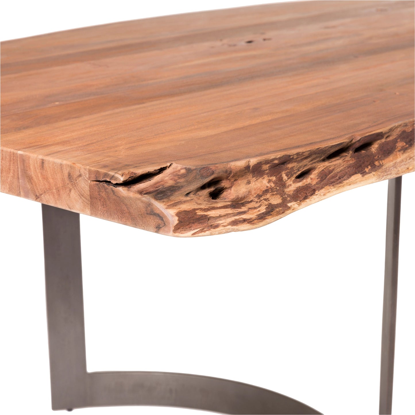 029 SI-2121872 | Closeup | Bent Dining Table by Moe's Home Collection in brown. Made from solid acacia, iron base in a modern style.
