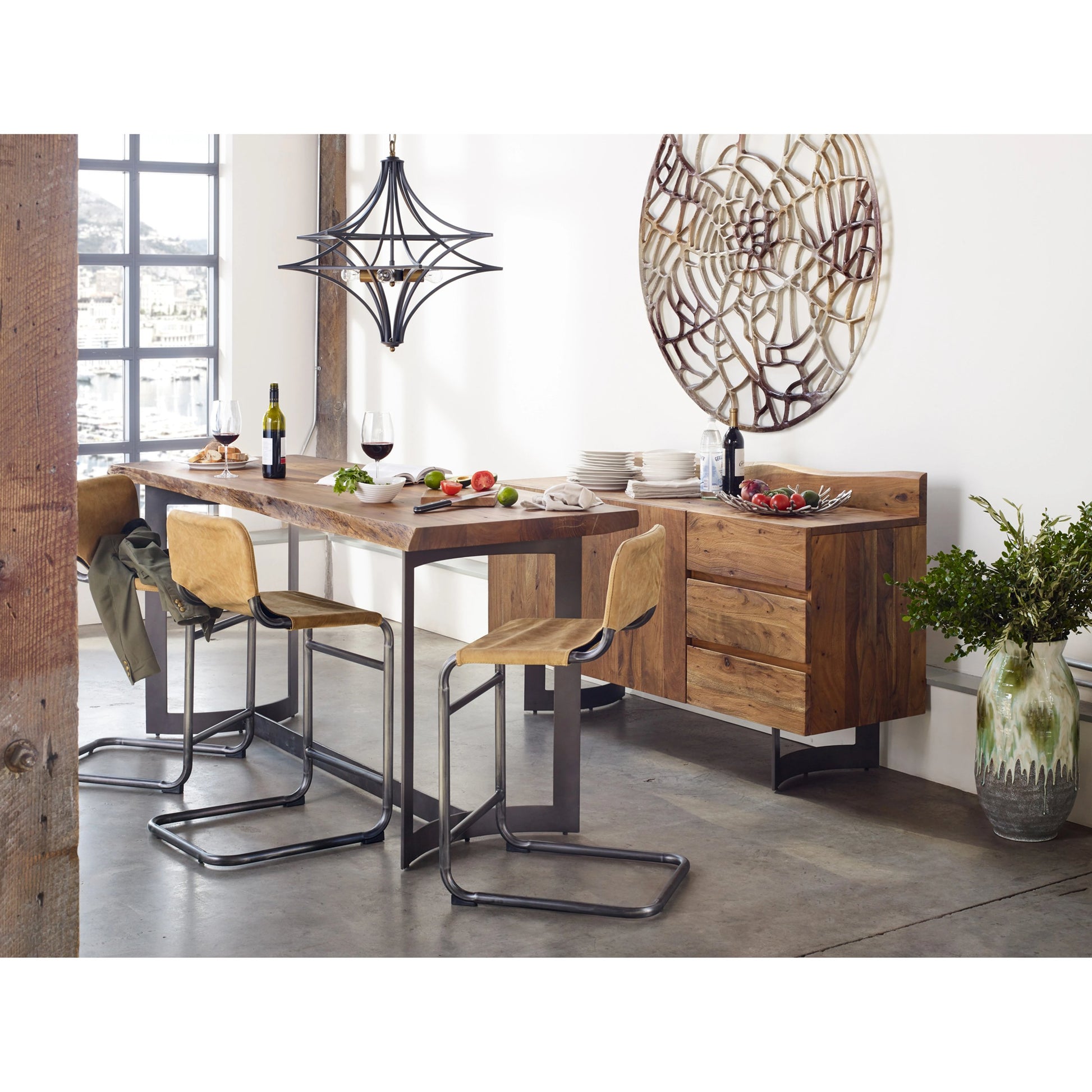 Bent Counter Table by Moe's Home Collection in brown. Made from solid acacia, iron base in a modern style.