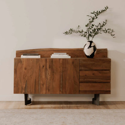 Bent Sideboard Smoked by Moe's Home Collection in brown. Made from solid acacia wood, iron in a modern style.