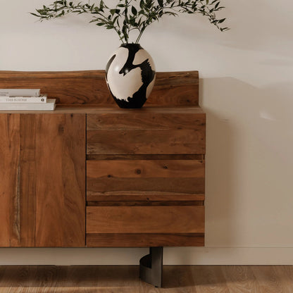 Bent Sideboard Smoked by Moe's Home Collection in brown. Made from solid acacia wood, iron in a modern style.