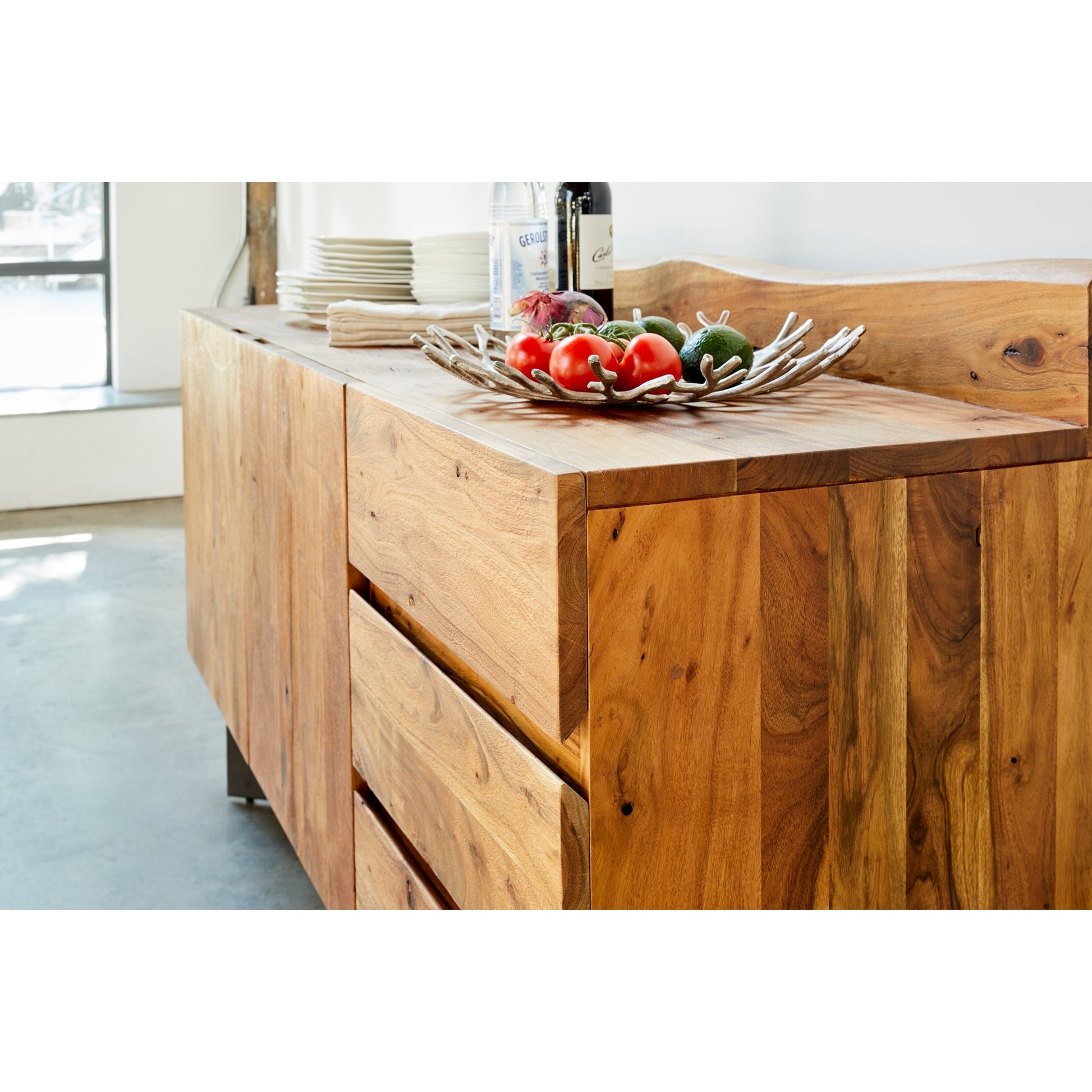 Bent Sideboard Smoked by Moe's Home Collection in brown. Made from solid acacia wood, iron in a modern style.
